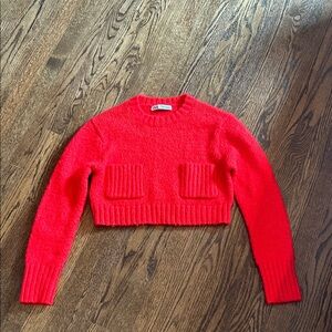 Zara Bright Red Cropped Crew Neck Sweater